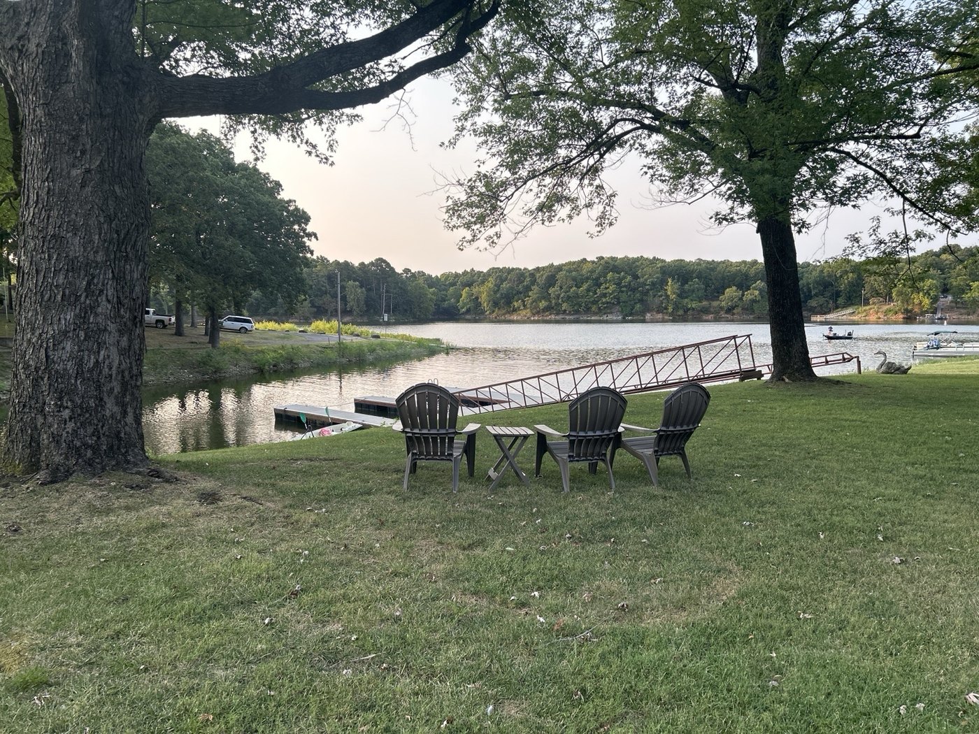 Private dock and lakeside seating at Leisure Landing